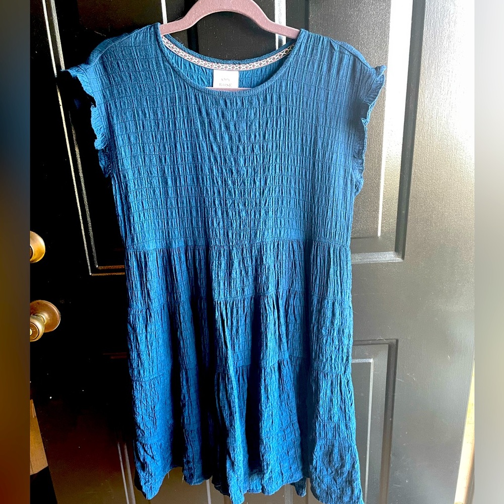 Knox Rose Women’s Tiered Midi Dress XS Cap Sleeve‎ Seersucker Dress Navy Blue